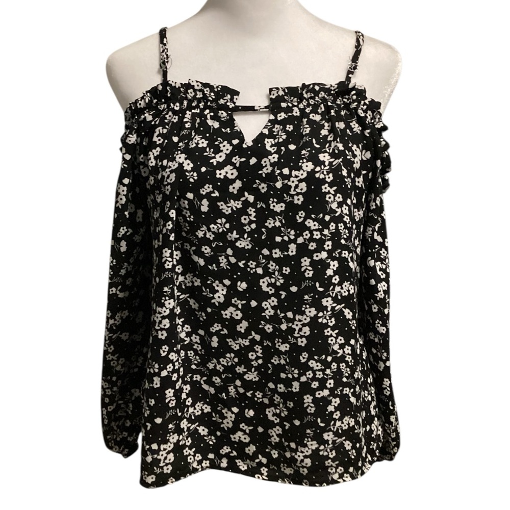 Rue21 Small Black and White Floral Print Cold Shoulder Ruffled Blouse